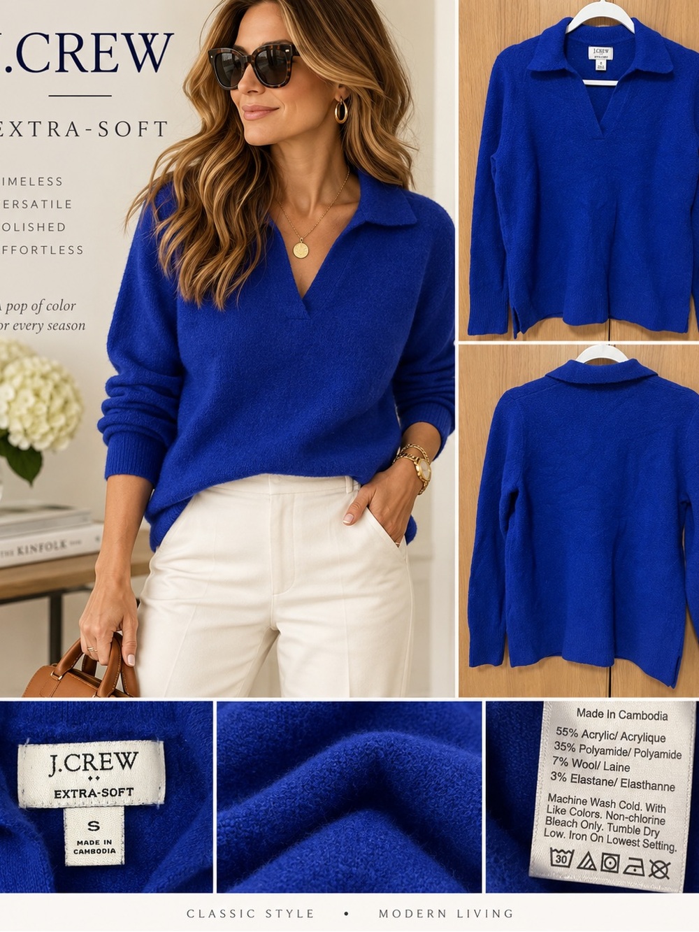 J. Crew Extra-Soft V-Neck Collared Sweater in Royal Blue